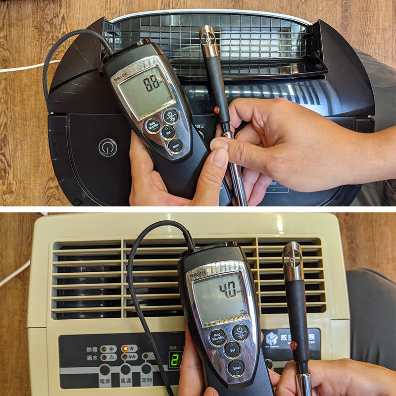 除濕輪與壓縮機式除濕機，出風口的風速測試