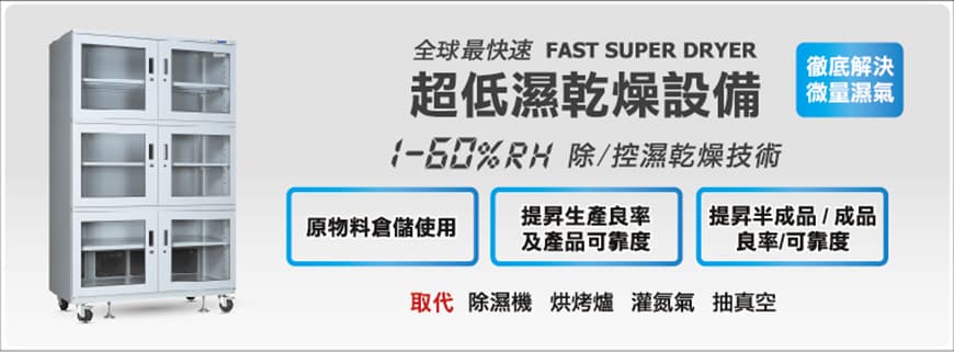 台灣防潮科技超低濕乾燥設備，物料倉庫使用，提升生產良率及產品可靠度。