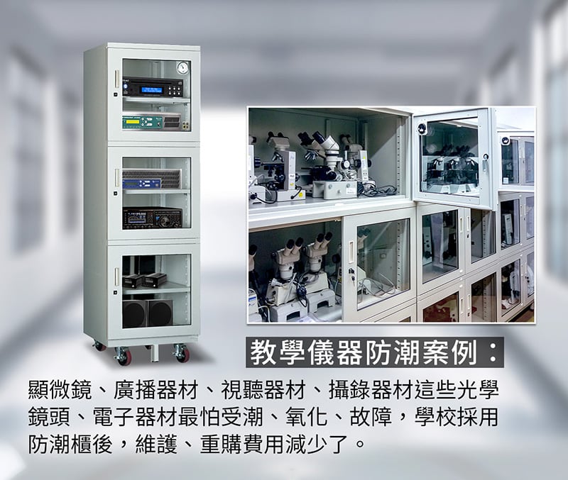 教學器材防潮案例,光學鏡頭、電子器材最怕受潮、氧化、故障,採用省電、氣密防潮櫃後,不只維護、重購費用減少了,也維護教學品質與。