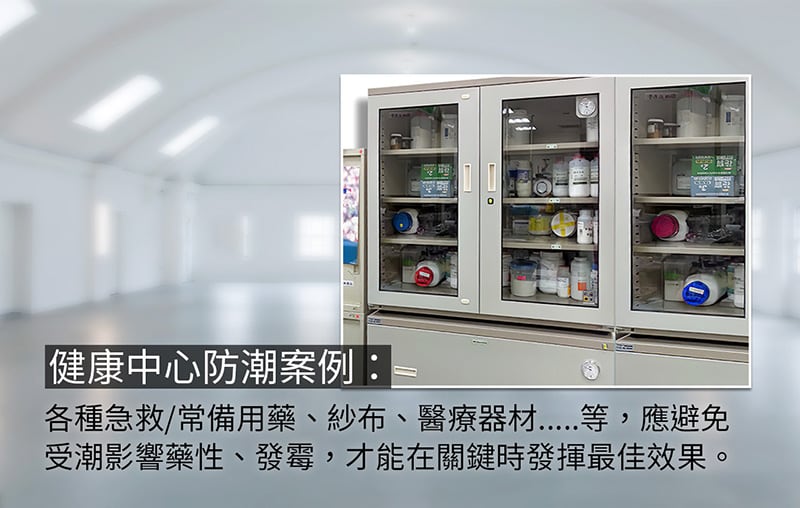 健康中心各種急救/常備用藥、紗布、醫療器材...,應避免受潮影響藥性、發霉,才能在關鍵時發揮最佳效果。