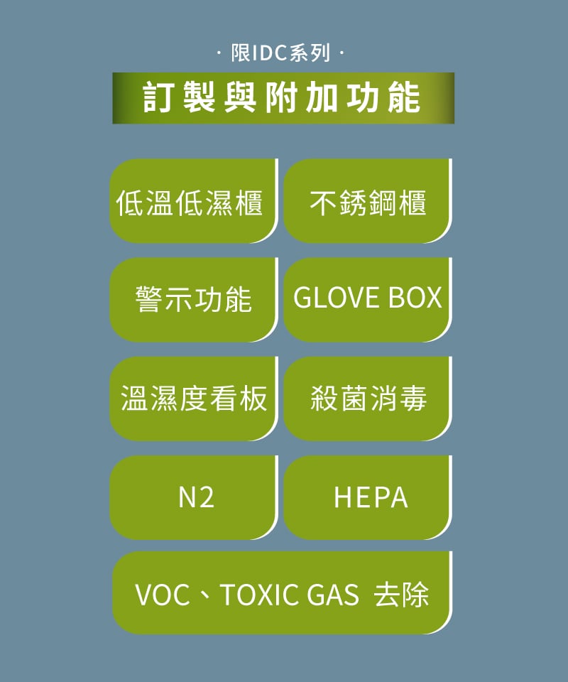 IDC超低濕系列可訂製與附加各種功能，歡迎洽詢。