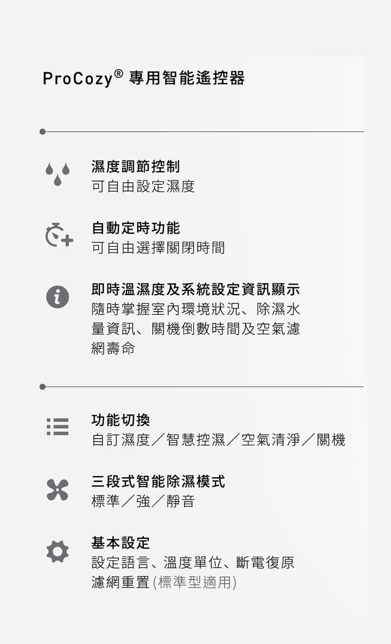 ProCozy 吊隱式除濕機豪華版,配備觸控式面板,可選購智慧型遙控器。